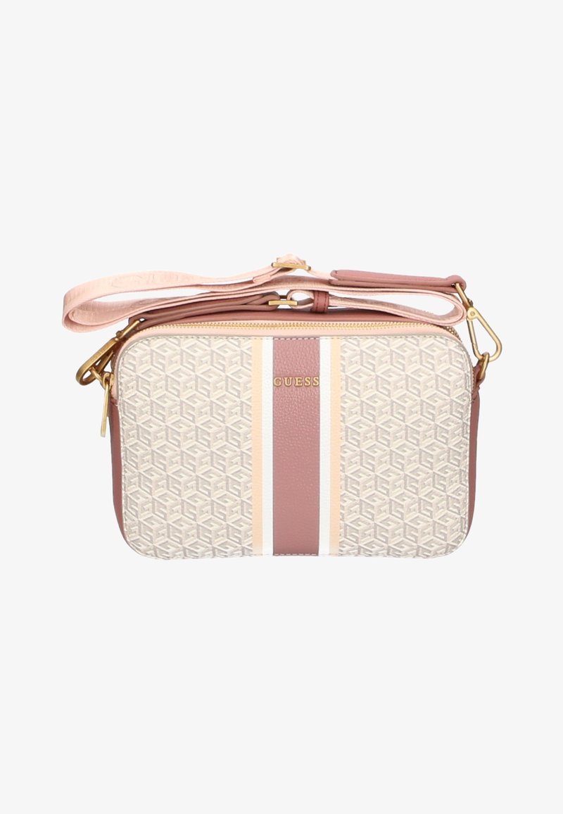 Borsa a tracolla beige e rosa con motivo geometrico, dettagli in oro, accenti a strisce marroni e bianche, e tracolla regolabile.