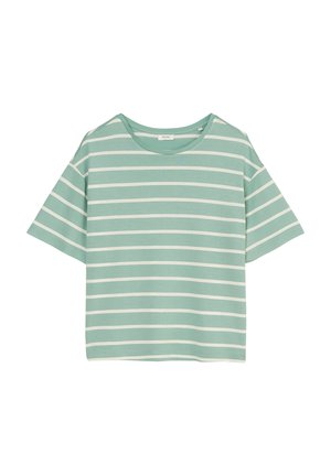 Mint green short-sleeve shirt with white horizontal stripes, round neckline, and a relaxed fit.