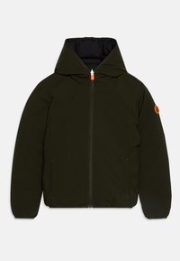 Giacca verde scuro con cappuccio, zip frontale e zip di colore arancione a contrasto. Caratterizzata da polsini elasticizzati e tasche laterali. Tessuto morbido e liscio.