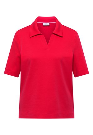 Rotes Polohemd mit kurzen Ärmeln, Kragen und V-förmigem Ausschnitt, mit der Aufschrift "Cecil", vor weißem Hintergrund.
