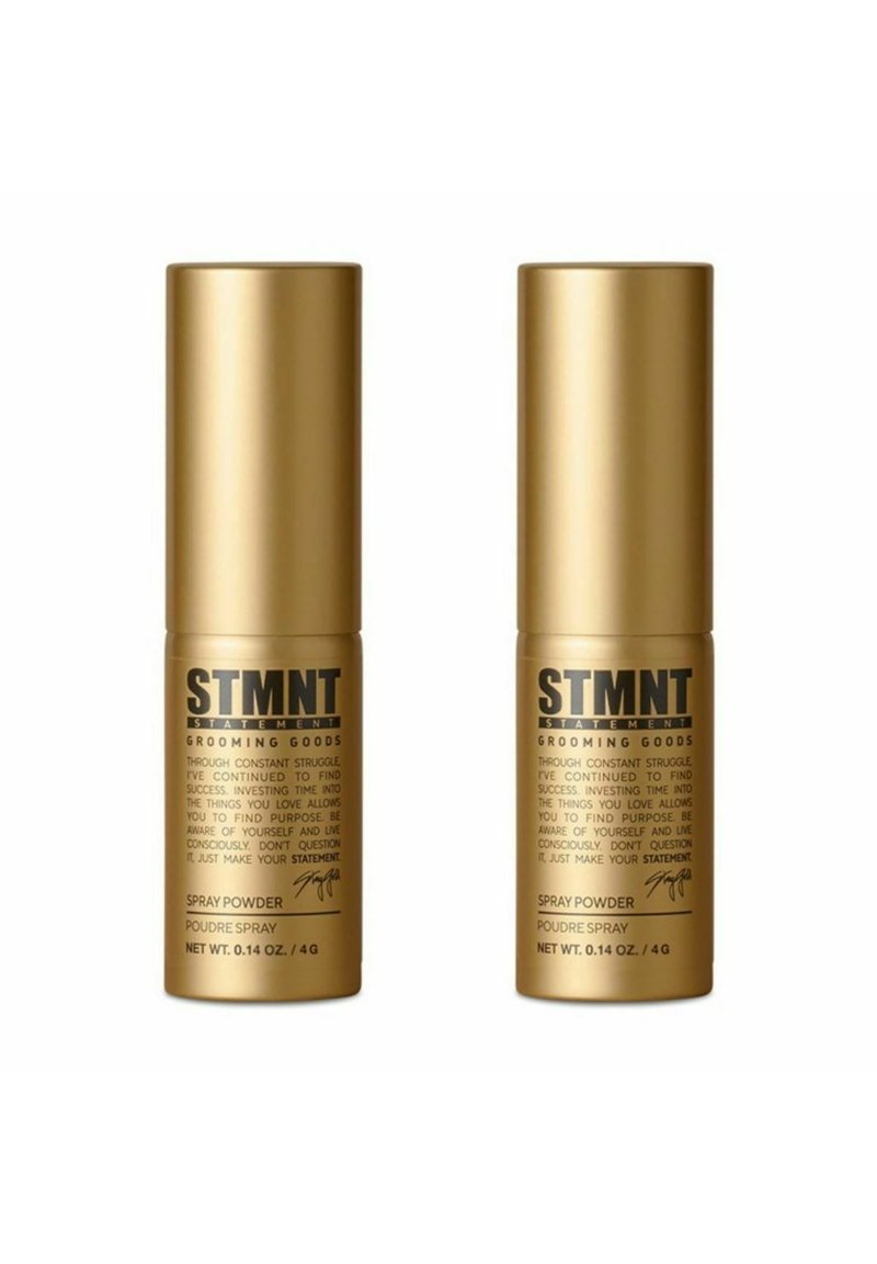 Two gold spray powder containers, cylindrical shape, with black text detailing product information and usage instructions.