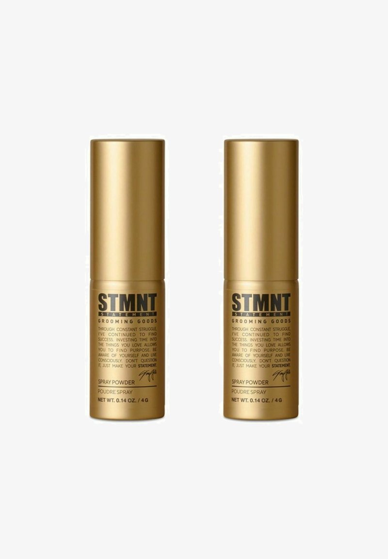 Two gold spray powder containers, cylindrical shape, with black text detailing product information and usage instructions.
