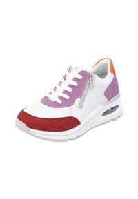 Białe sneakersy z czerwonymi, fioletowymi i pomarańczowymi akcentami. Posiadają zamek błyskawiczny, teksturowane materiały oraz amortyzowaną podeszwę z poduszką powietrzną.