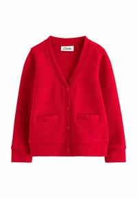 Roter Cardigan aus strukturiertem Stoff, mit V-Ausschnitt, Knopfleiste und zwei vorderen Taschen mit Schleifendetails.