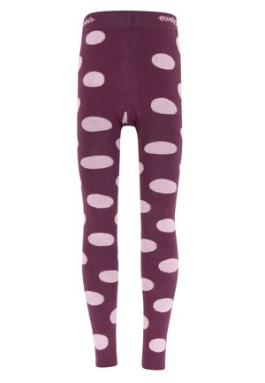 Burgunderfarbene Leggings mit großen rosa ovalen Mustern, aus weichem Stoff gefertigt, mit einem bequemen Taillenbund und einer schmalen Passform.