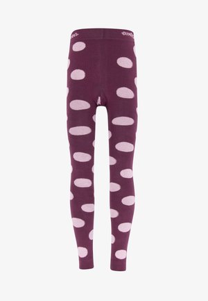 Burgunderfarbene Leggings mit großen rosa ovalen Mustern, aus weichem Stoff gefertigt, mit einem bequemen Taillenbund und einer schmalen Passform.