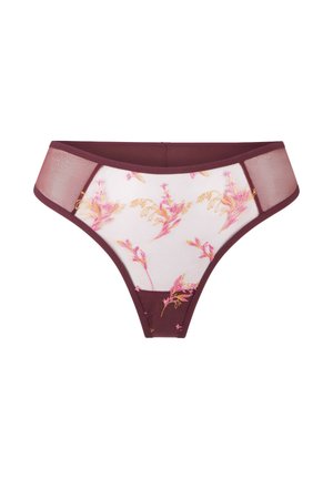 Lace string in diep bordeaux met een doorschijnend gaaspaneel, featuring bloemenborduurwerk in roze en gouden tinten. Gladde stof met een verfijnd ontwerp.