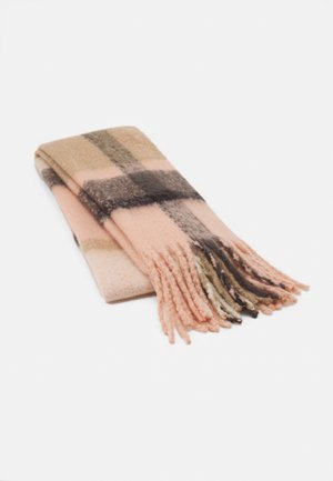 Folded soft scarf with beige, pink, and dark brown plaid pattern and fringe ends on a white background.