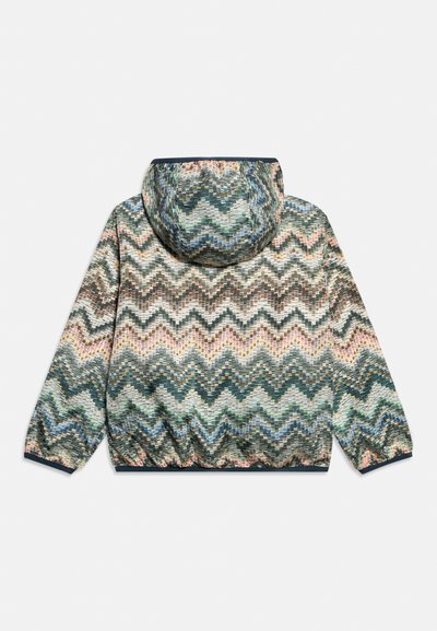 Veste à capuche à manches longues avec un motif zigzag multicolore en nuances pastel et foncées, poignets et taille élastiques.
