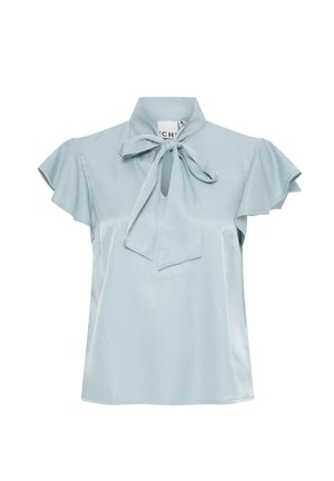 Light blue satin blouse with a collar, tie detail, and short ruffled sleeves. Smooth texture, straight cut, and finished hem.