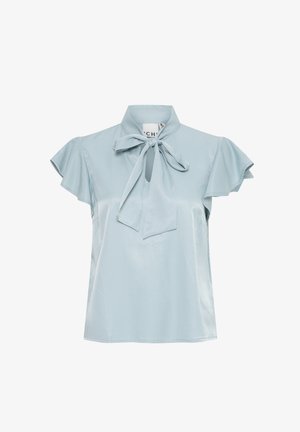 Light blue satin blouse with a collar, tie detail, and short ruffled sleeves. Smooth texture, straight cut, and finished hem.