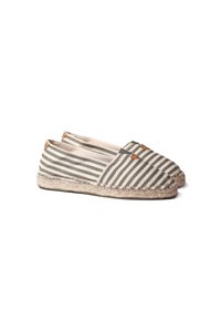 Espadrillas slip-on a righe verdi e beige con suole in corda di iuta e piccoli dettagli in pelle marrone nella parte anteriore superiore.
