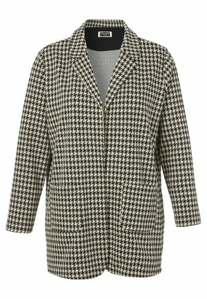 Schwarz-creamfarbener Hahnentrittmuster-Jacke mit Reverskragen, offenem Vorderteil und zwei Fronttaschen, im entspannten Schnitt und mit langen Ärmeln.