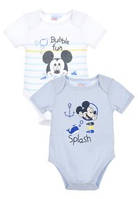 Dos bodies para bebés que presentan: uno blanco con rayas azules y amarillas, gráfico de Mickey Mouse; uno azul claro con tema náutico y el texto "Splash".