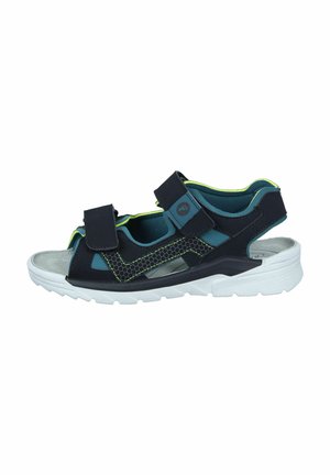 Black and teal sandal with two adjustable Velcro straps, honeycomb texture accents, and a white, cushioned sole.