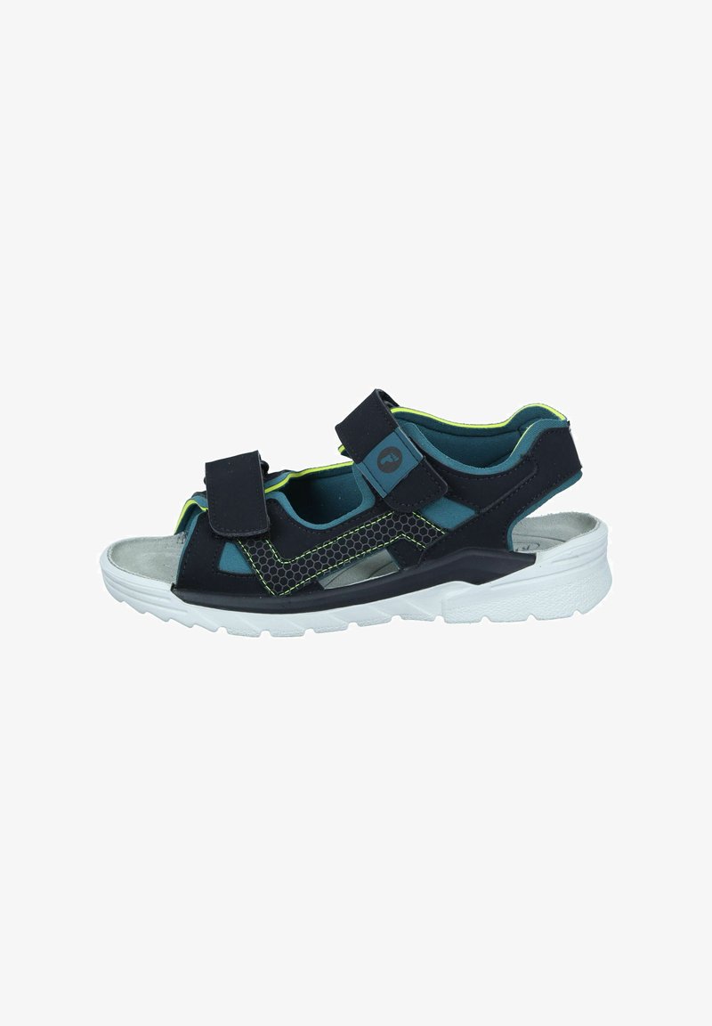 Black and teal sandal with two adjustable Velcro straps, honeycomb texture accents, and a white, cushioned sole.