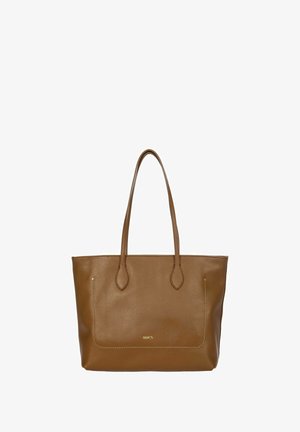 Sac fourre-tout en cuir marron avec une finition texturée, deux poignées de épaule et un design minimaliste. Présente un logo discret et des détails de couture.