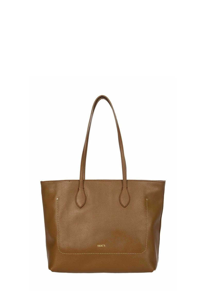 Sac fourre-tout en cuir marron avec une finition texturée, deux poignées de épaule et un design minimaliste. Présente un logo discret et des détails de couture.
