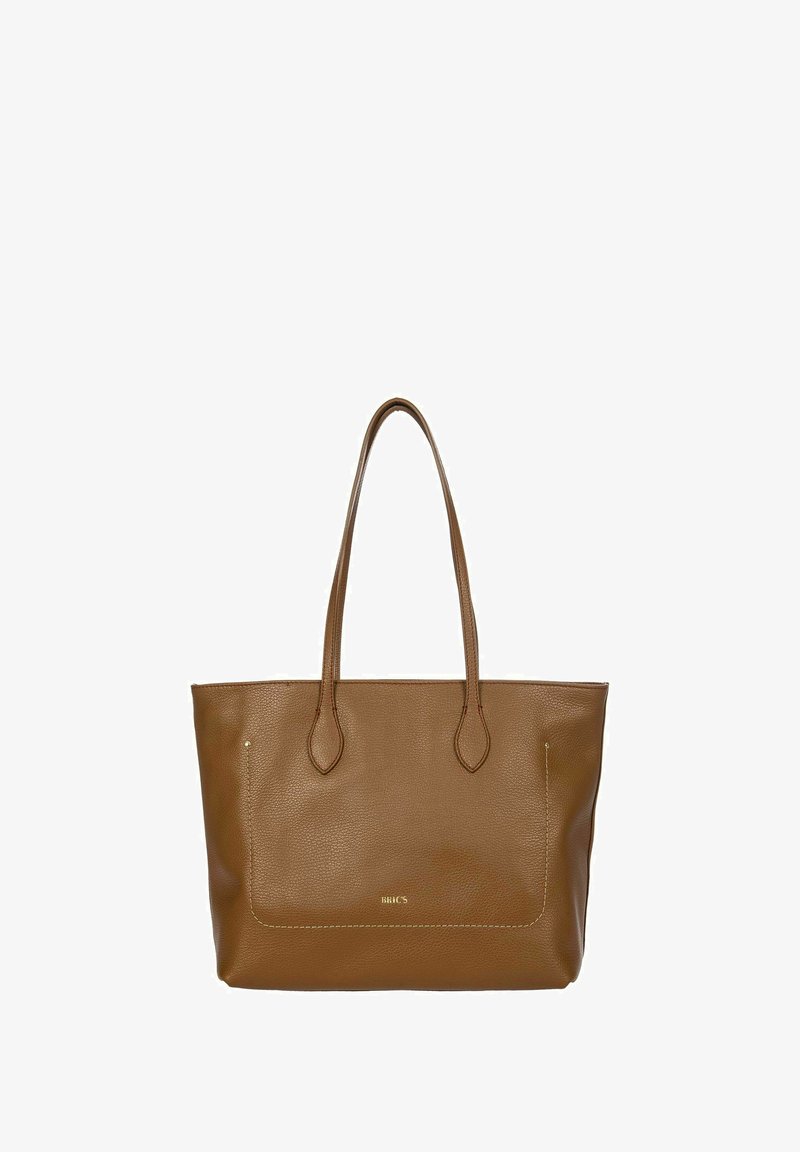 Sac fourre-tout en cuir marron avec une finition texturée, deux poignées de épaule et un design minimaliste. Présente un logo discret et des détails de couture.