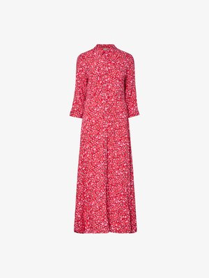 Vestido midi vermelho com frente de botão, mangas três-quartos e um ajuste relaxado. Apresenta pequenos padrões de flores multicoloridas.