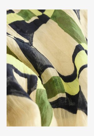 Kerge kangas beežipõhjaga, millel on roheline ja tumesinine geomeetriline muster. Pehme tekstuur kergelt läbipaistva ja liikuvusega.