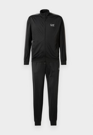 Fato de treino preto EA7 Emporio Armani com fecho em todo o comprimento, mangas longas, punhos elásticos e logótipo no peito e na coxa.