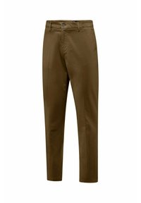 Chinos in cotone marrone con taglio dritto, dotati di chiusura con bottone, tasche frontali e una texture liscia.