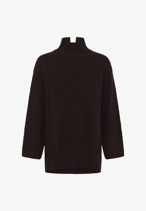 Brun, ribbet strikket turtleneck sweater med splittet halsudskæring og trekvartærmer; blød tekstur og afslappet pasform.