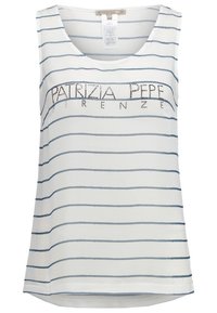 Top bianco senza maniche con righe orizzontali blu, con la scritta "PATRIIZA PEPE FIRENZE" in strass sul davanti. Tessuto morbido.