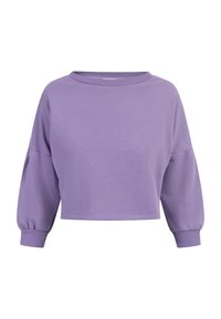 Fioletowy, krótki sweatshirt z długimi, szerokimi rękawami i okrągłym dekoltem. Wykonany z miękkiego materiału, charakteryzujący się gładką teksturą i swobodnym fasonem.