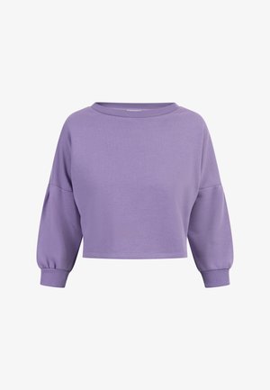 Lila cropped Sweatshirt mit langen, weiten Ärmeln und rundem Halsausschnitt. Hergestellt aus weichem Material, verfügt über eine glatte Textur und eine legere Passform.