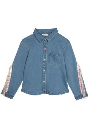 Denim-skjorte med knapper, brystlomme foran og flerfarvet pailletfringe ned langs ydersiden af ærmerne.
