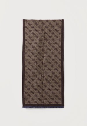 Écharpe rectangulaire marron avec bordure marron foncé et motif monogramme marron foncé répétitif, pliée dans la longueur sur fond blanc.