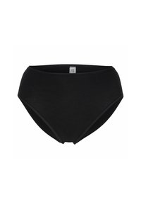 Schwarze, hoch taillierte Slips aus weichem, dehnbarem Material. Sie verfügen über eine glatte Textur, einen bequemen Bündchen und eine klassische Silhouette.