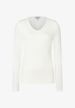 Long-sleeve, V-neck top in soft, lightweight white fabric. Minimalistic design with a smooth texture and clean lines.