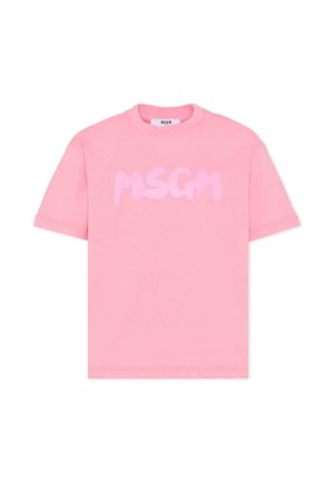 T-shirt en coton rose avec une coupe décontractée, des manches courtes et un logo "MSGM" stylisé légèrement brillant dans un rose plus clair.