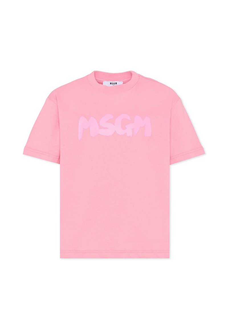Maglietta in cotone rosa con vestibilità rilassata, maniche corte e un logo "MSGM" stilizzato di colore rosa chiaro, leggermente lucido.