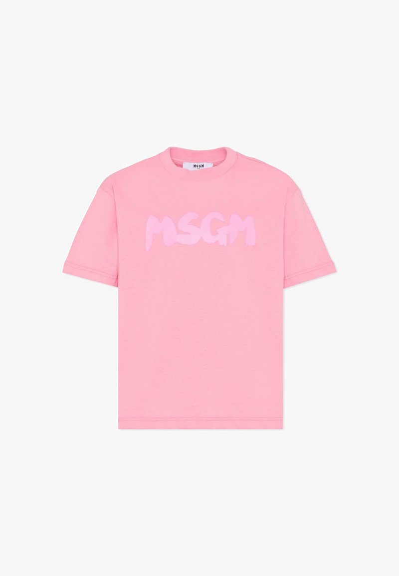 Różowa bawełniana koszulka z luźnym fasonem, krótkimi rękawami i lekko błyszczącym, stylizowanym logo "MSGM" w jaśniejszym odcieniu różu.