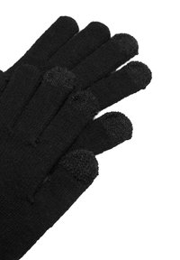 Guantes de punto negros con cinco dedos, con puntas texturizadas para agarre y funcionalidad. Hechos de tela suave, que proporciona calor.