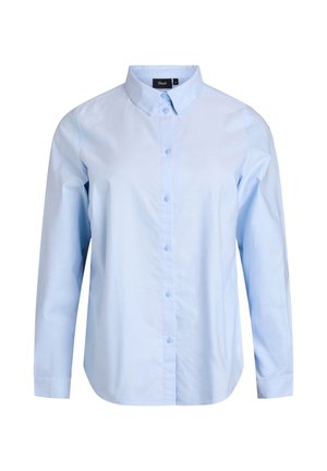 Gaiši zila pogājama krekla ar klasisku apkakli, garām piedurknēm un gludu faktūru, ar vienādiem pogām priekšpusē.