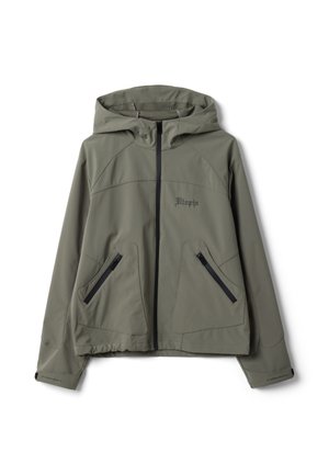Chaqueta con capucha de color verde oliva con cremallera frontal, dos bolsillos con cremallera, mangas largas y texto negro sutil en el pecho y los puños.