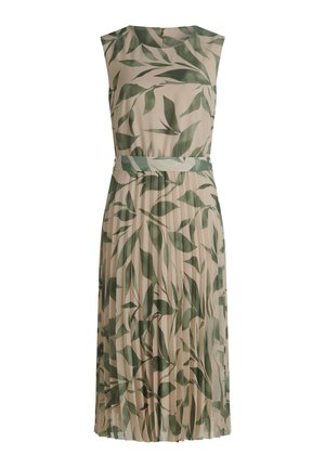 Beżowa sukienka midi bez rękawów z zielonym liściastym wzorem, okrągłym dekoltem, dopasowanym paskiem w talii i plisowanym dołem.
