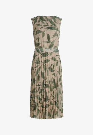 Beżowa sukienka midi bez rękawów z zielonym liściastym wzorem, okrągłym dekoltem, dopasowanym paskiem w talii i plisowanym dołem.