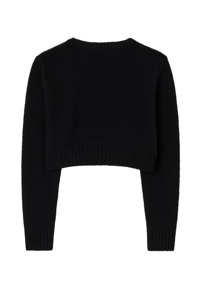 Maglione nero corto con maniche lunghe, orlo e scollatura a coste. Tessuto morbido, design minimalista, senza motivi o elementi hardware prominenti.