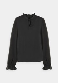 Svart långärmad blus med volangkrage, knytbälte och utsvängda ärmar. Tillverkad av lätt, genomskinligt tyg.