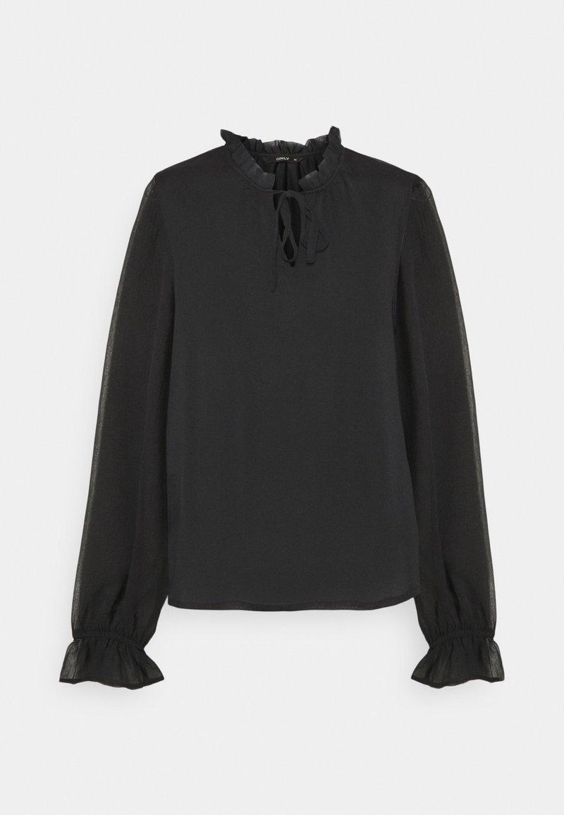 Svart långärmad blus med volangkrage, knytbälte och utsvängda ärmar. Tillverkad av lätt, genomskinligt tyg.