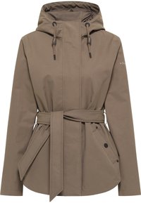 Imperméable kaki avec capuche, taille ceinturée et poches latérales. Texture lisse, cordons réglables et détails en métal noir.