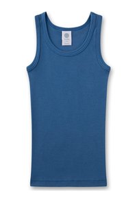 Blue tank top made from organic cotton, featuring a round neckline and wide straps, with a smooth texture and no visible patterns.