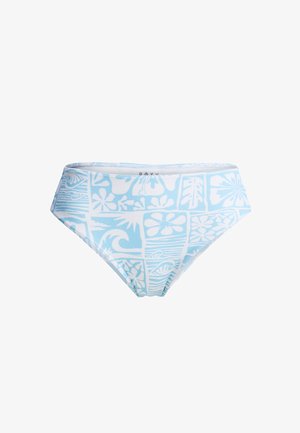 Blue swim bikini bottom featuring a textured design with white floral and wave patterns, high-waisted cut, and Roxy branding on the waistband.