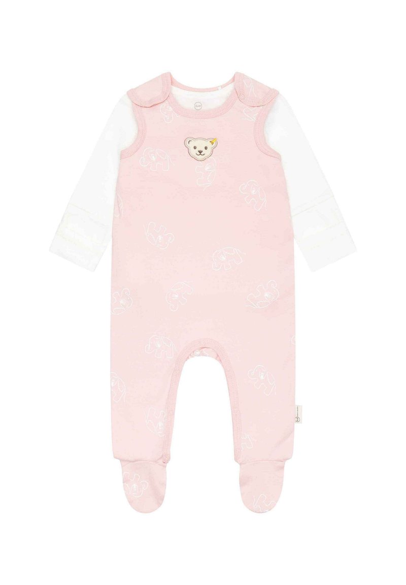 Helles rosa Babystrampelanzug mit weißen Elefantenmotiven, Druckknöpfen an den Schultern und einem Fußdesign mit einem kleinen Bärenapplikation.